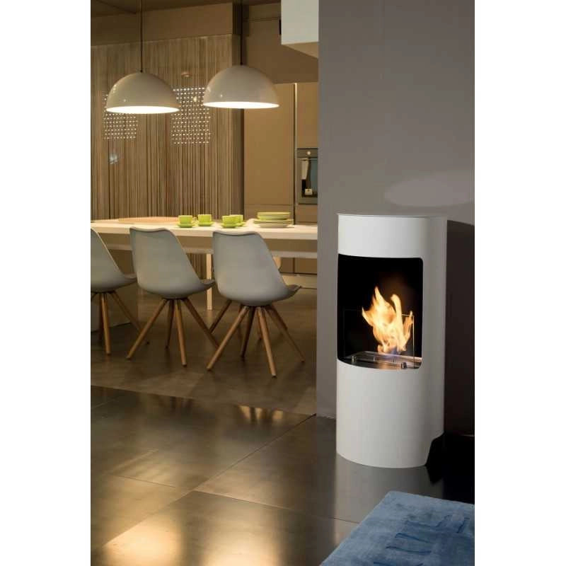 Biocamino pavimento Cortina Bianco 2,5 kW – vetro temperato, bruciatore 1,2 L, design cilindrico – Tecno Air System