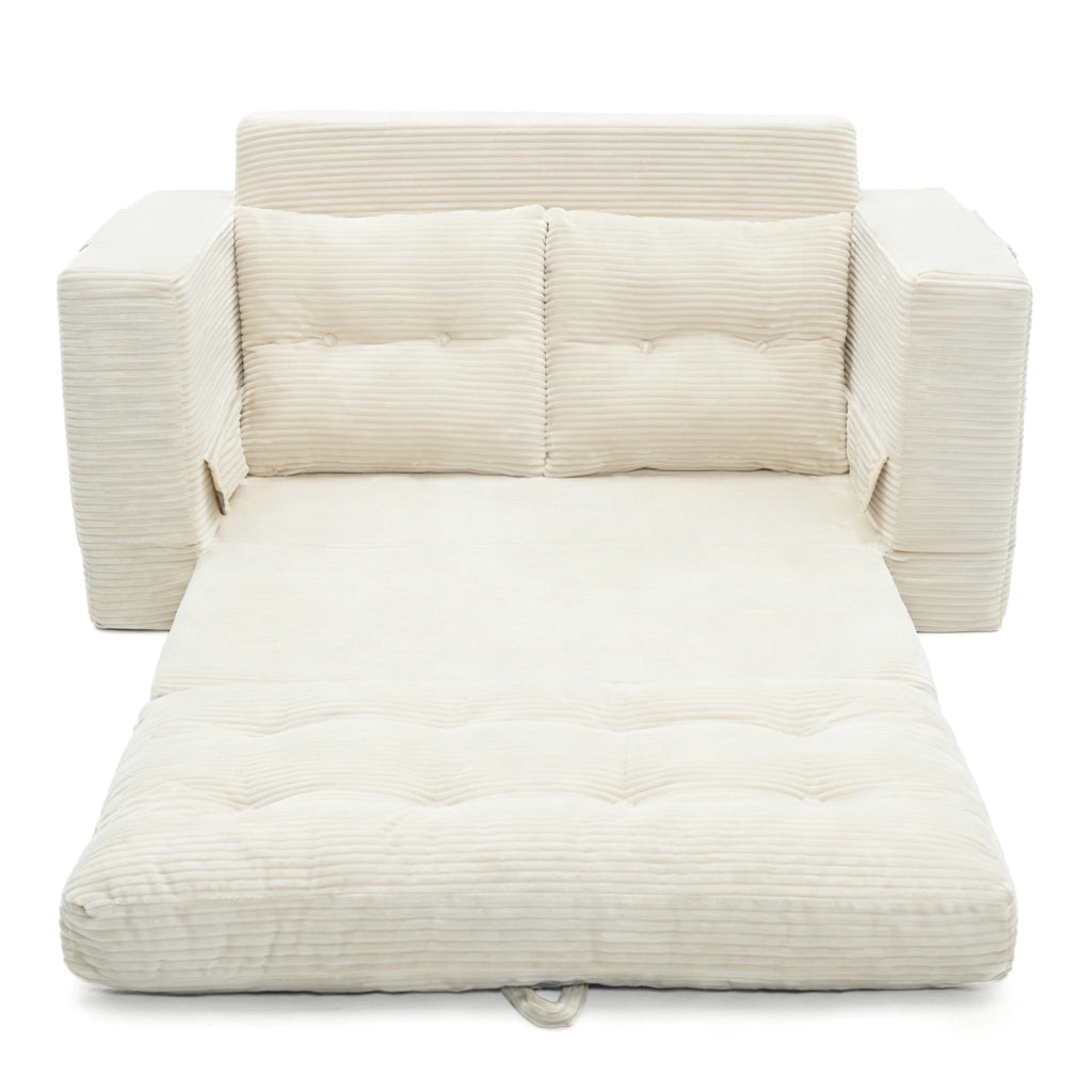 Divano letto a due posti in velluto a coste beige con tasche laterali e portabicchiere
