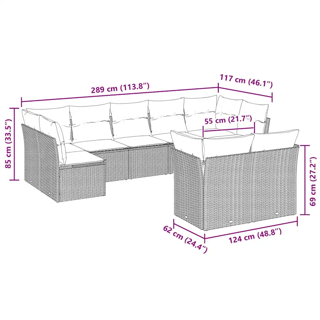 Set Divano da Giardino 9pz con Cuscini Grigio Chiaro Polyrattan 3249991