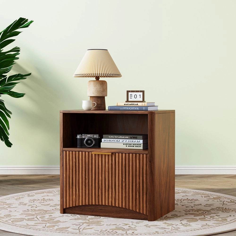Comodino con Cassetto Aperto e Maniglie Dorate ¨C MINIMAL ¨C Effetto Noce