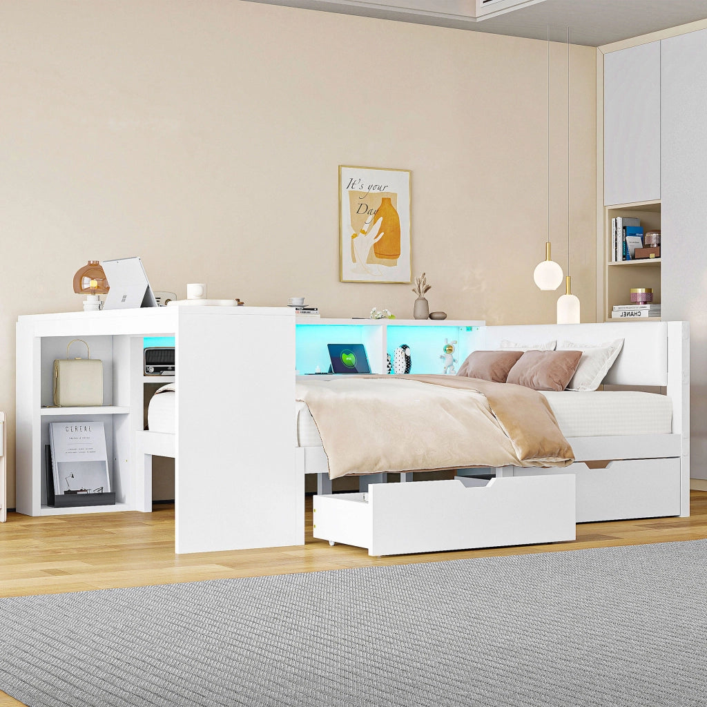 Letto legno 140x200 ripiani cassetti ricarica LED bianco