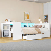 Letto legno 140x200 ripiani cassetti ricarica LED bianco