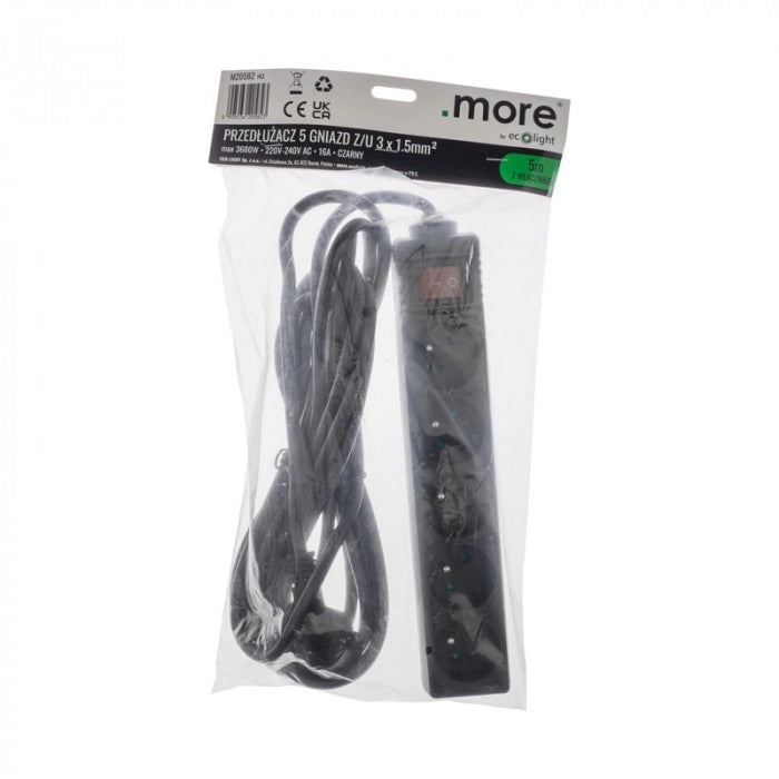Multipresa 5 prese 5 m con terra interruttore nera Ecolight