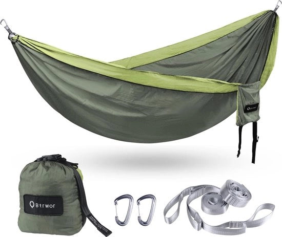 Hangmat all-weather per 2 persone - 300kg di capacità di carico - Sacco di sospensione in nylon per campeggio con set di fissaggio - 290x170cm (Forest Green)