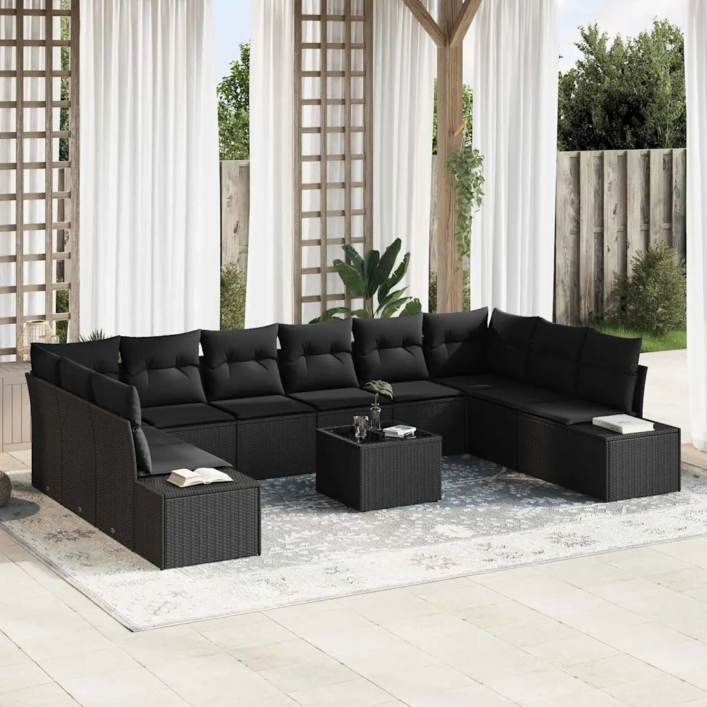 Set Divano da Giardino con cuscino 11 pcs Nero polyrattan