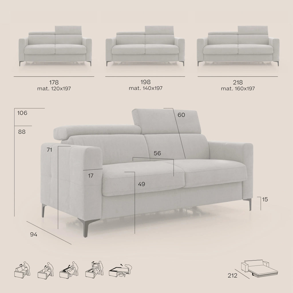 Gardenia Divano letto materasso alto 18 cm con poggiatesta reclinabili e rivestimento impermeabile T02 218 cm (mat. 160x197) blu