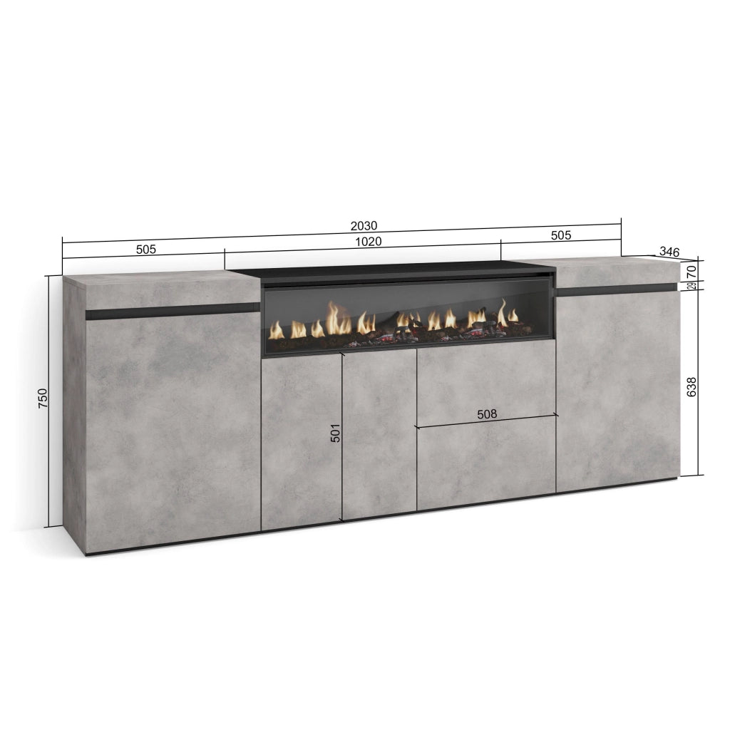 Credenza, Mobile, 200x35x75cm, 4 Porte, Camino elettrico, grigio cemento RF2286