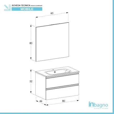 Mobile bagno sospeso 80 cm bianco opaco con lavabo e specchio tondo Master
