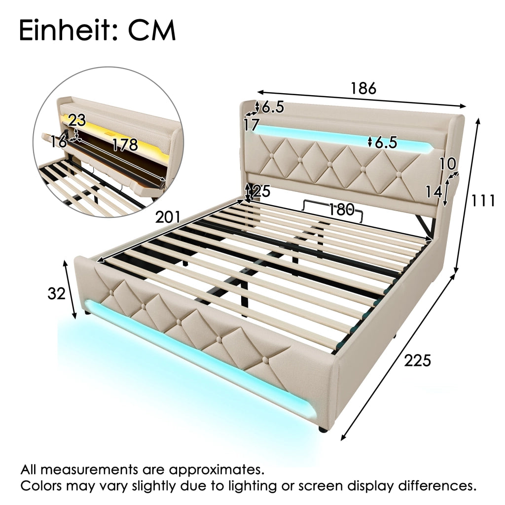 Letto Matrimoniale Imbottito con Contenitore Idraulico e LED ¨C MINIMAL ¨C Beige, 180x200