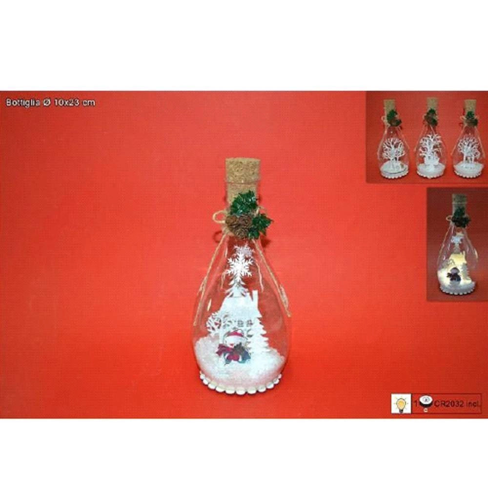 Trade Shop - Bottiglia In Vetro Con Scenario Innevato E Personaggio Natalizio Con Luce 23 Cm -