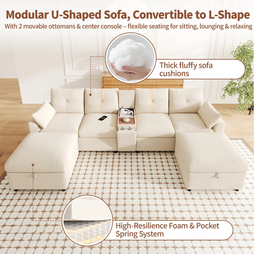 Divano angolare modulare 6 posti con 2 pouf contenitore e consolle centrale con USB e Type-C, in ciniglia beige