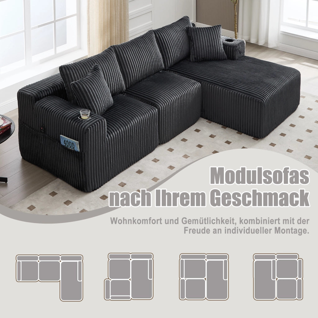 Divano modulare con chaise longue e 2 posti, tasche laterali, portabicchieri e 5 cuscini in tessuto a coste grigio