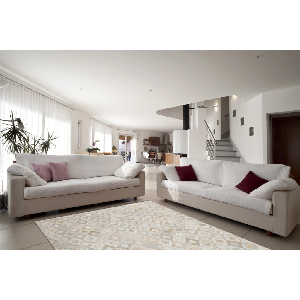 Tappeto Dazzle in Pelle Avorio e Oro con Motivo a Rombi