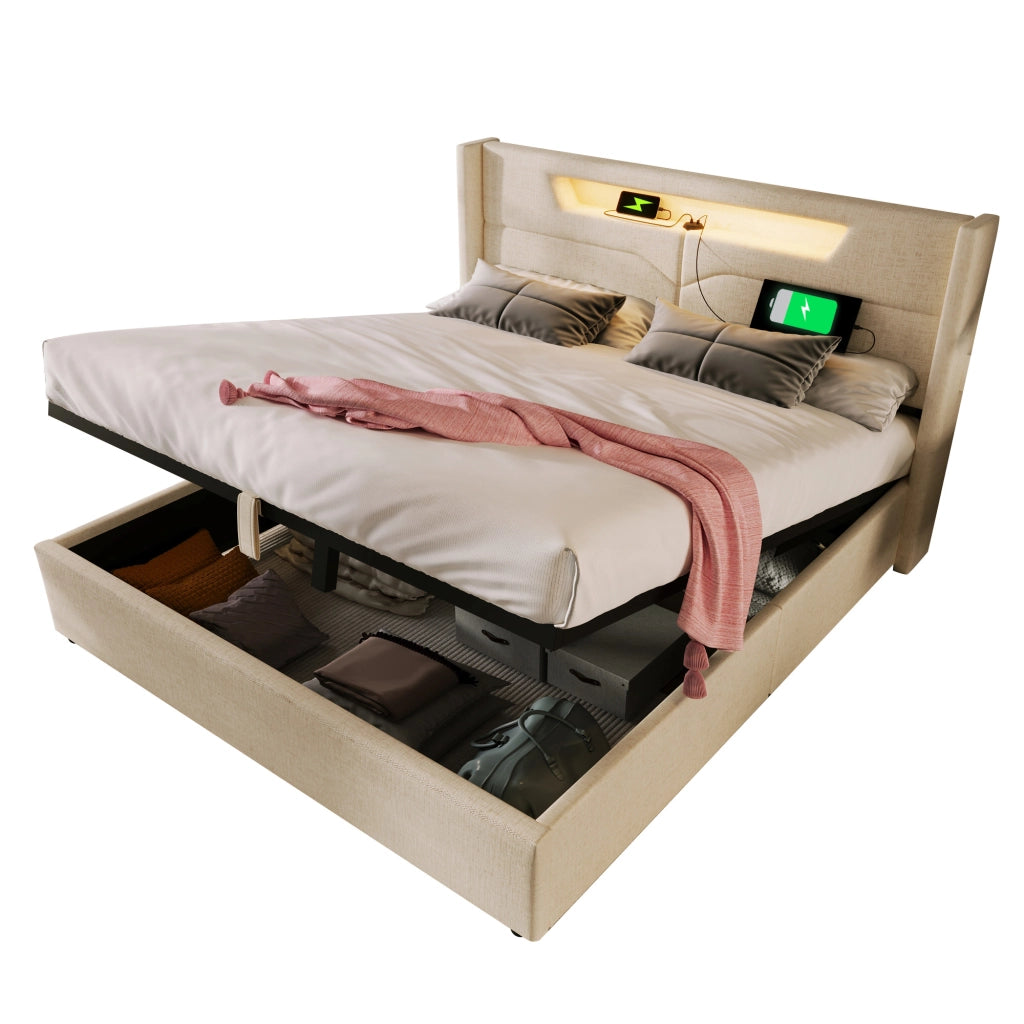 Letto matrimoniale LED – 160x200 cm – USBC contenitore – lino beige