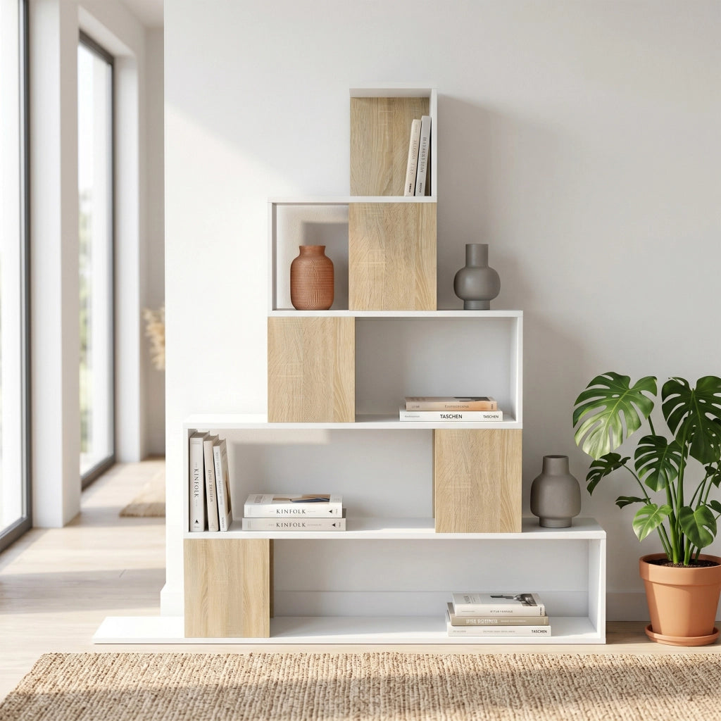 Libreria a 5 Ripiani con Design a Gradini Bianco e Naturale