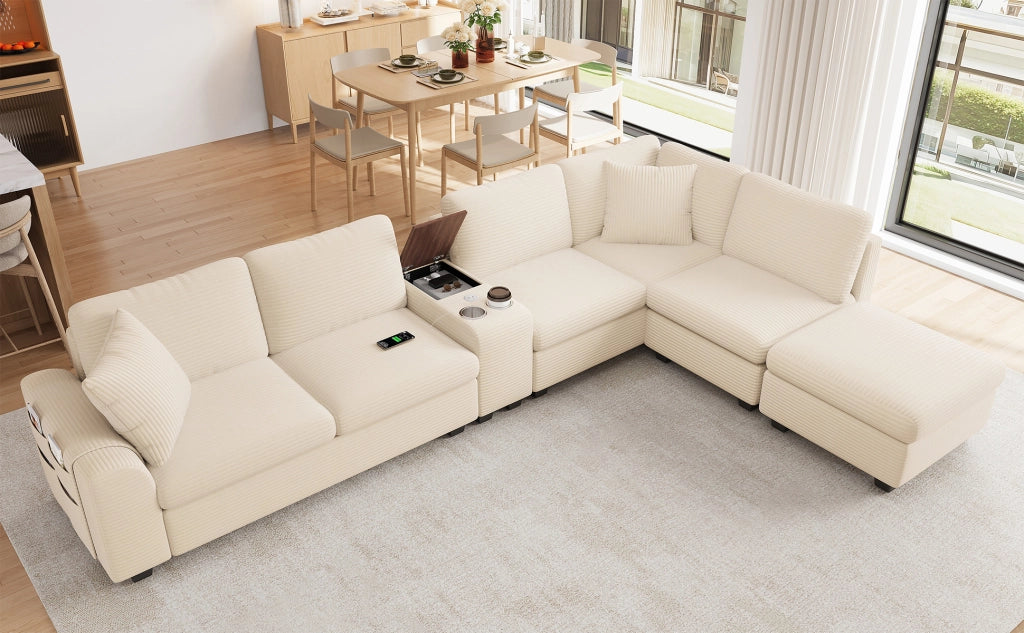 Divano angolare modulare 6 posti con pouf contenitore console mobile e porte usb type c in tessuto beige