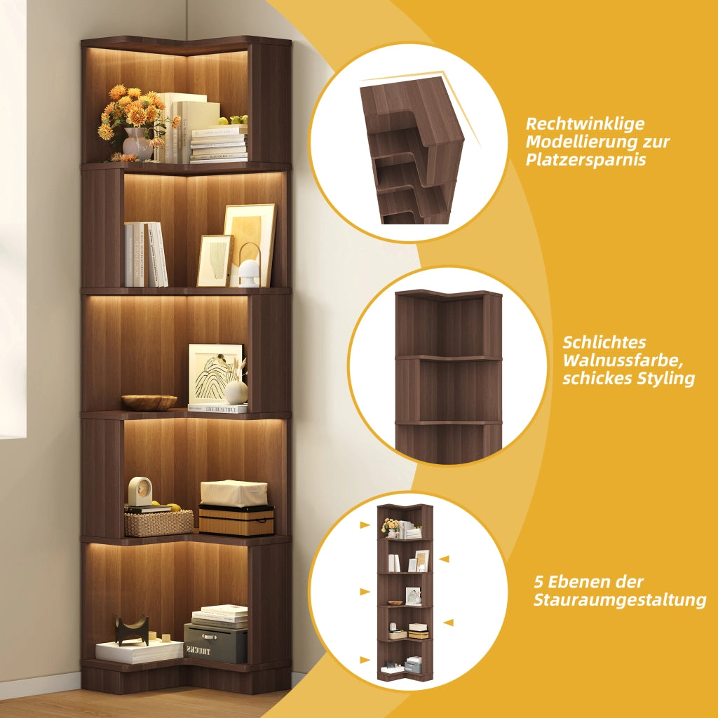 Libreria angolare con 5 ripiani e strisce LED controllate da app in MDF marrone 63,5 × 45 × 175 cm