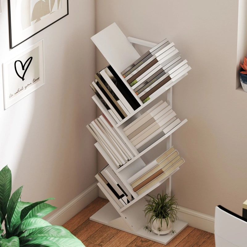 Libreria, scaffale autoportante con 7 ripiani, stretto, a forma di albero, per ufficio, bianco rustico