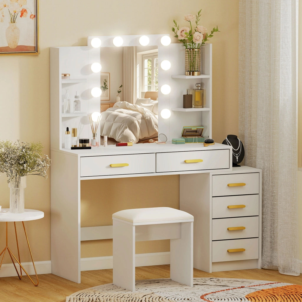 Scrivania Trucco con Specchio Illuminato e Sgabello Imbottito ¨C Minimal ¨C Bianco 6 Cassetti