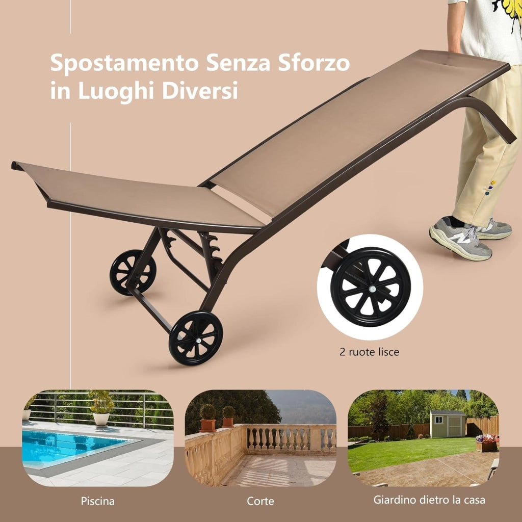 Lettino Prendisole da Giardino, Sdraio da Giardino con Ruote, Schienale Regolabile in 6 Posizioni, per Spiaggia, Piscina e Balcone, Portata 150 kg (Marrone)