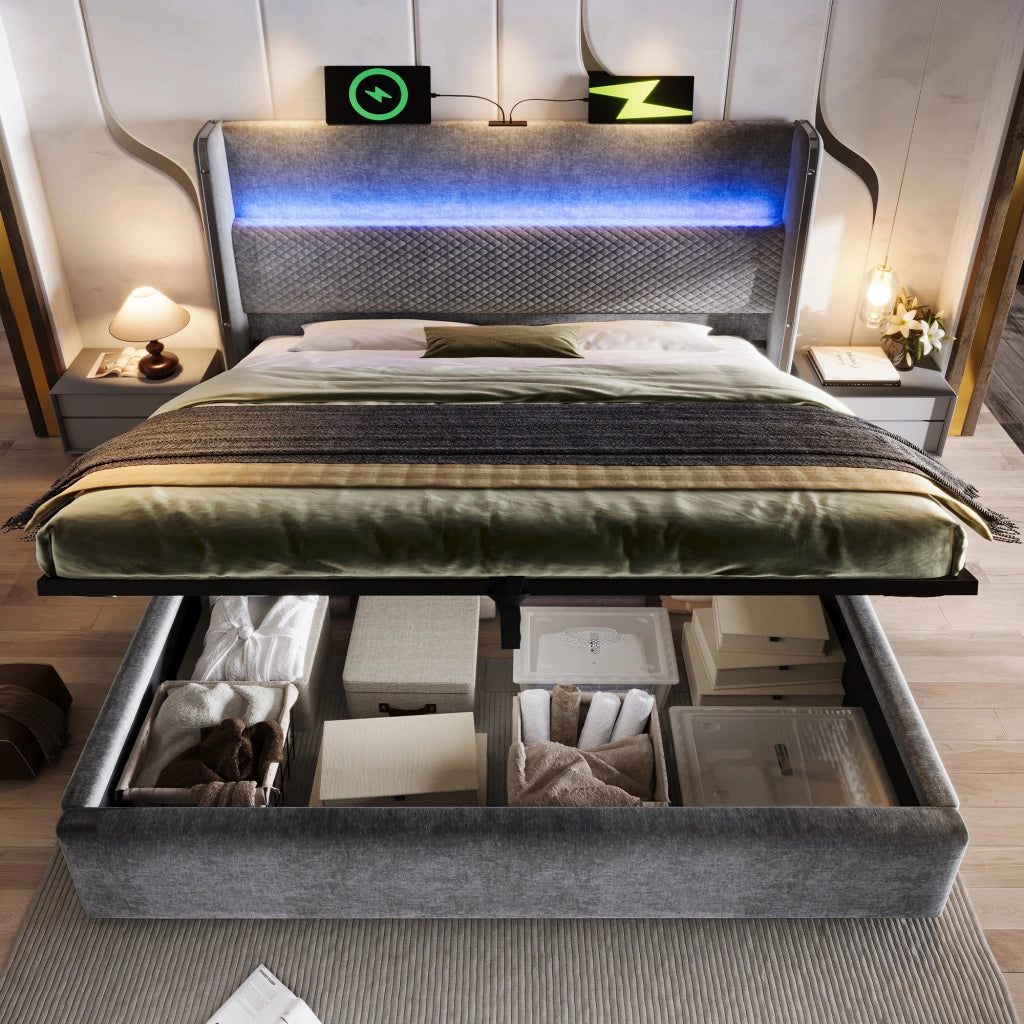 LETTO Contenitore 180x200 cm Grigio in lino con LED e presa USB/Type-C