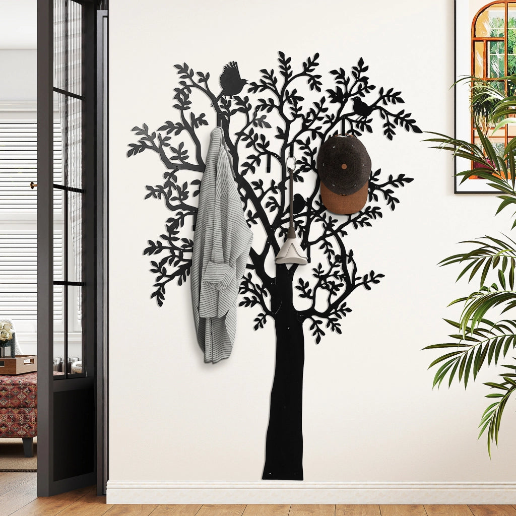 Attaccapanni da parete con design albero e uccelli ¨C Minimal ¨C Nero