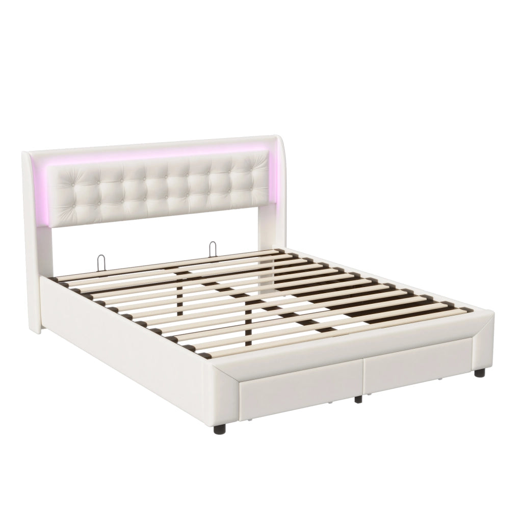 Letto matrimoniale contenitore idraulico 140x190 cm, imbottito velluto beige, testiera LED RGB telecomandata, 2 cassetti, 350kg