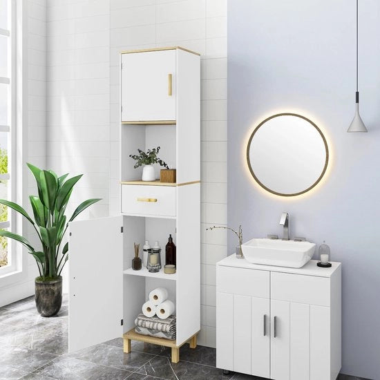 Cassettone da bagno - Cassetto da bagno autonomo con 5 contenitori - 39X179X30Cm - Arredo da bagno - Cassetto da bagno con porte - Bianco