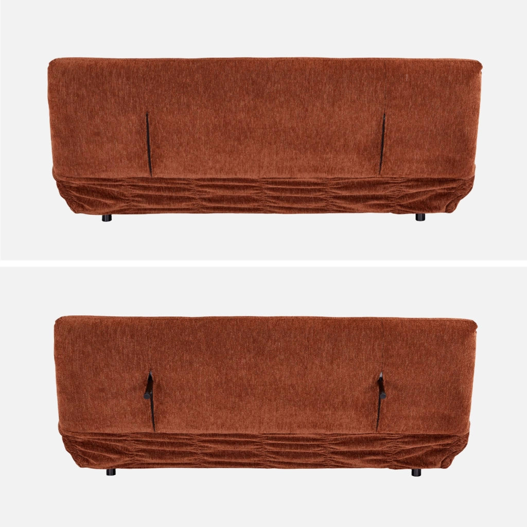 Divano letto convertibile in tessuto ciniglia, 3 posti, terracotta