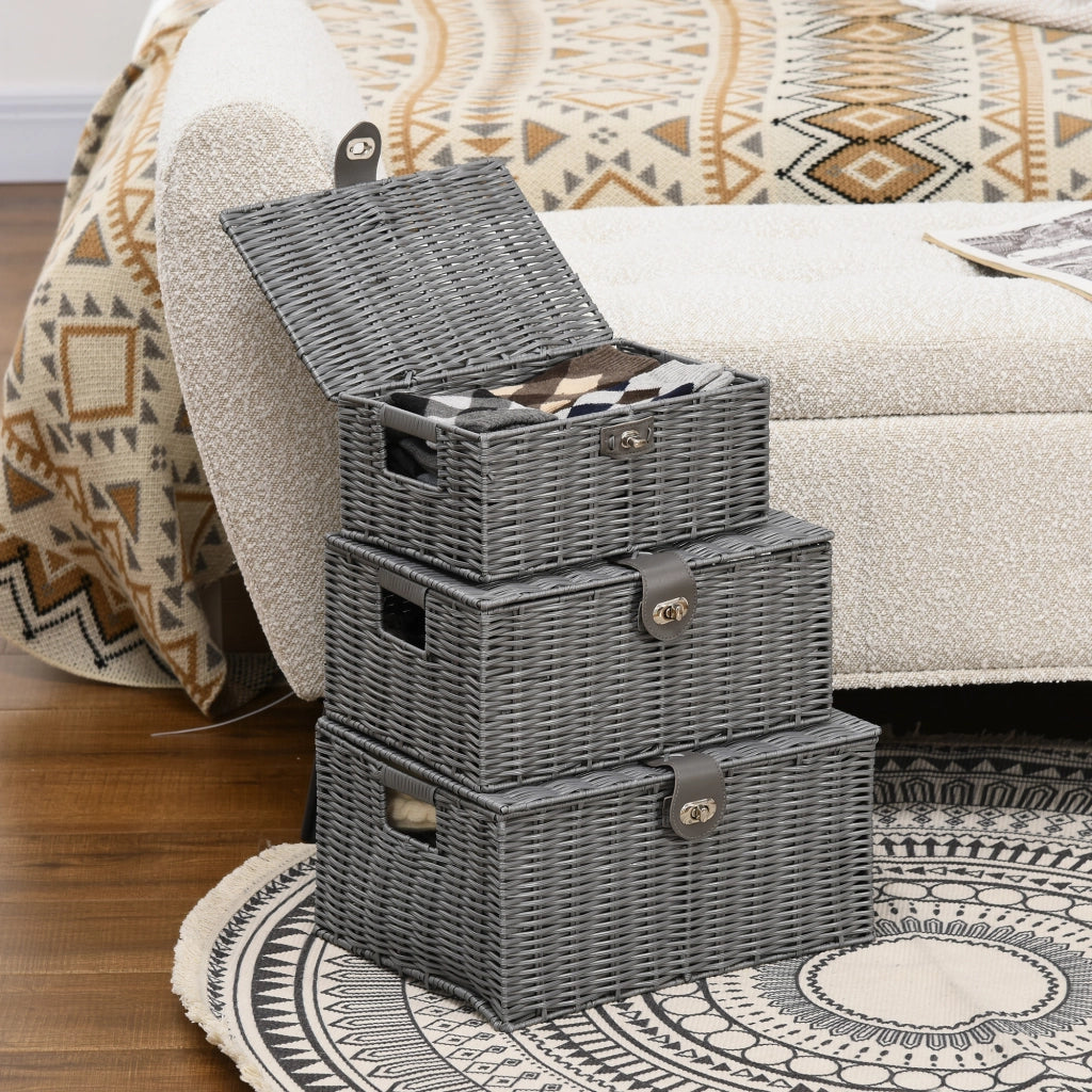EasyComfort Set di 3 Cesti in Vimini PP con Coperchio di Diverse Dimensioni, Grigio