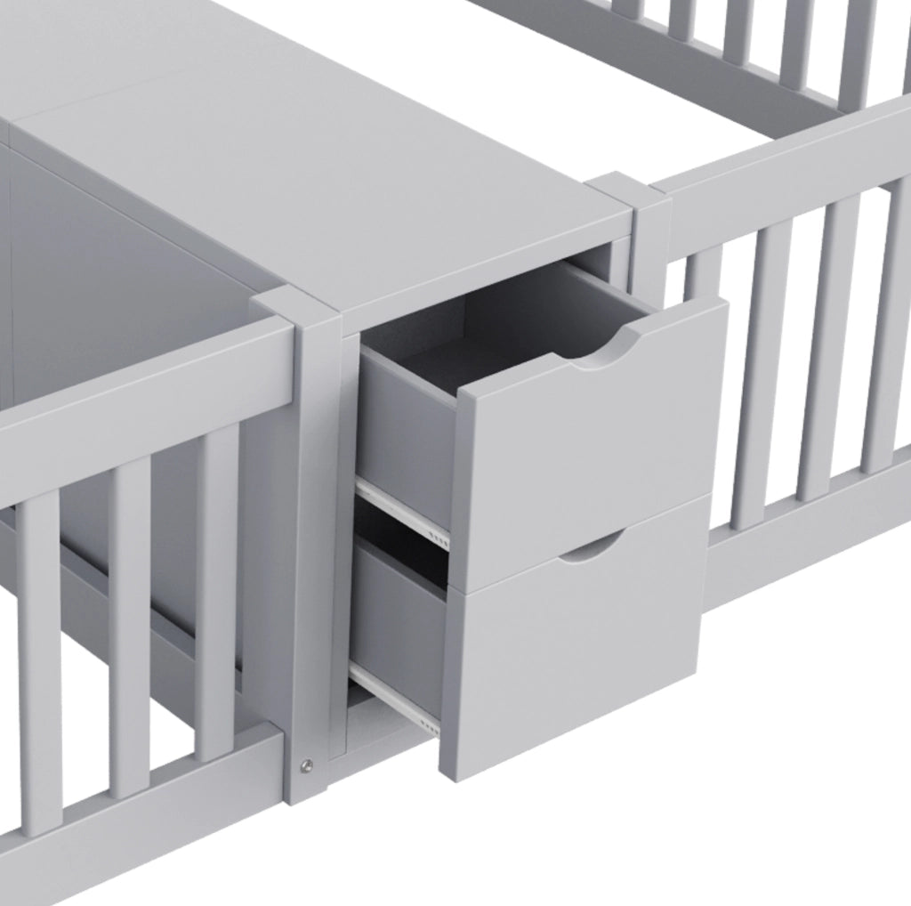 Letto multifunzione per bambini 90x200 cm con 2 posti, cassetti e libreria grigio