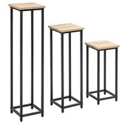Set di 3 supporti per piante, sgabello e portavaso in acciaio, nero e naturale, per giardino e balcone.