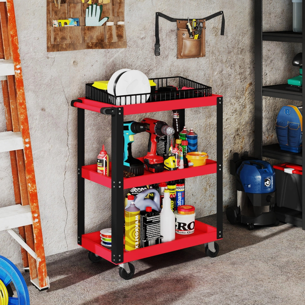 Carrello per Attrezzi con 3 Ripiani ¨C Minimal ¨C Rosso e Nero