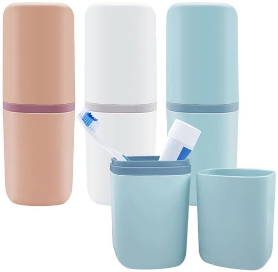 Set di igienizzazione da viaggio 3 in 1, contenitore di plastica, bicchiere da dentifricio portatile per viaggi, supporto per spazzola da denti e dentifricio per viaggi, campeggio e viaggi, per uso domestico (3 colori)