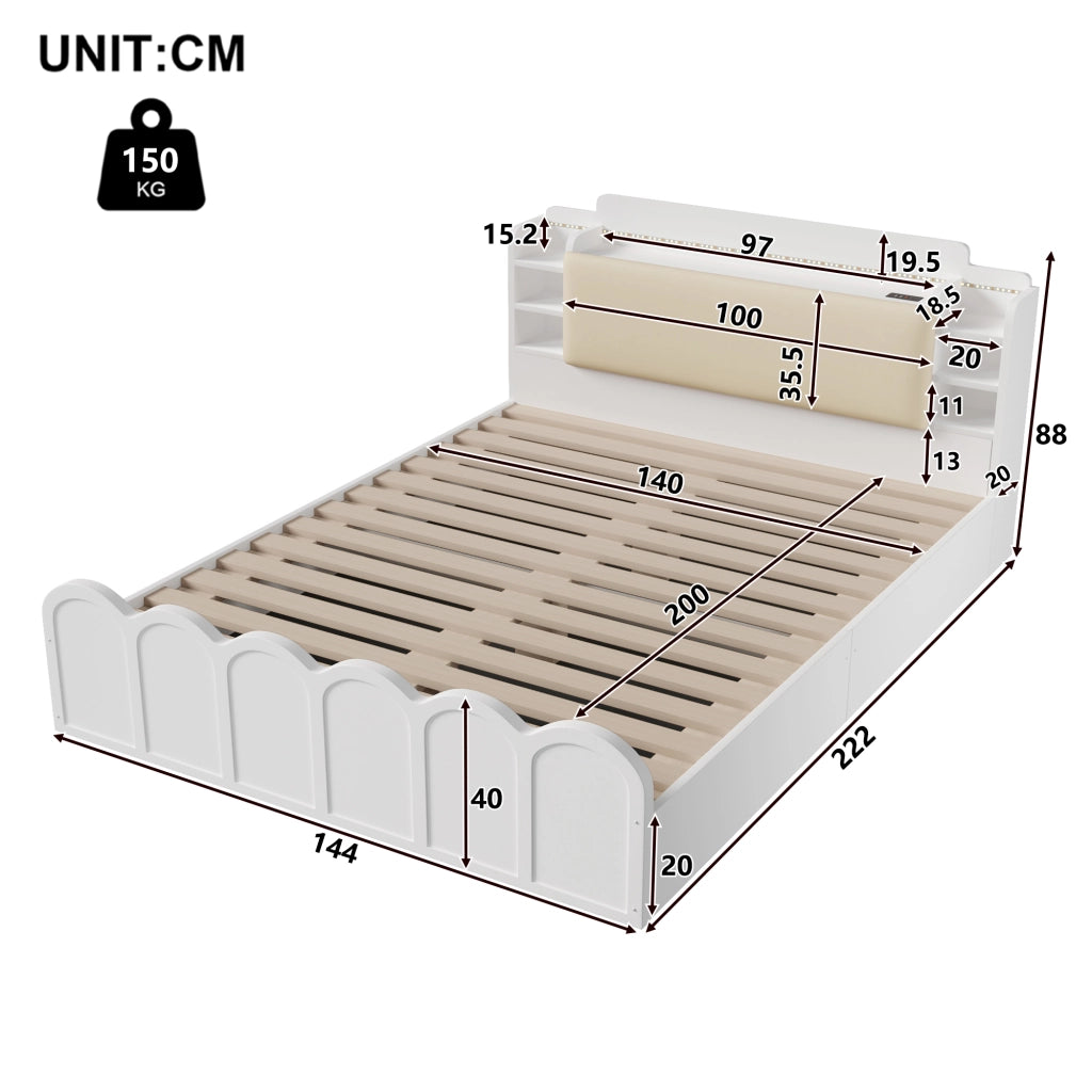 Letto Contenitore Imbottito con LED e USB ¨C MINIMAL ¨C Bianco 140x200