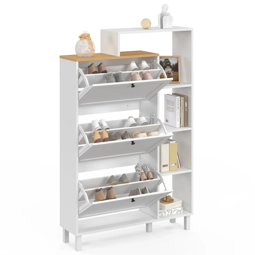 IDMarket - ACHILLE 18 paia di scarpiere bianche a 3 ante con piano e ripiano in legno
