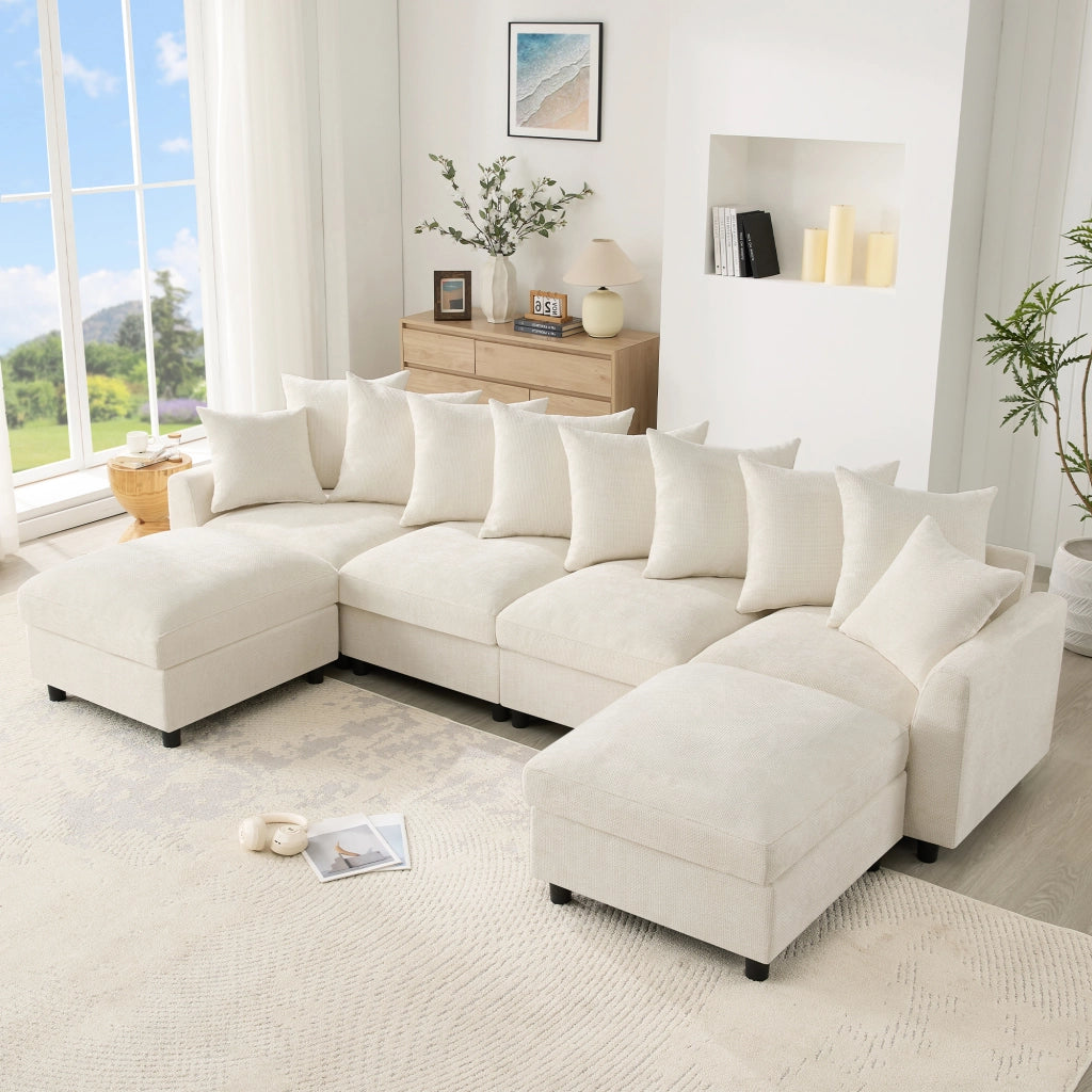 Divano angolare modulare a U o L 6 posti con porte USB e Type-C 8 cuscini e 2 pouf in chenille beige