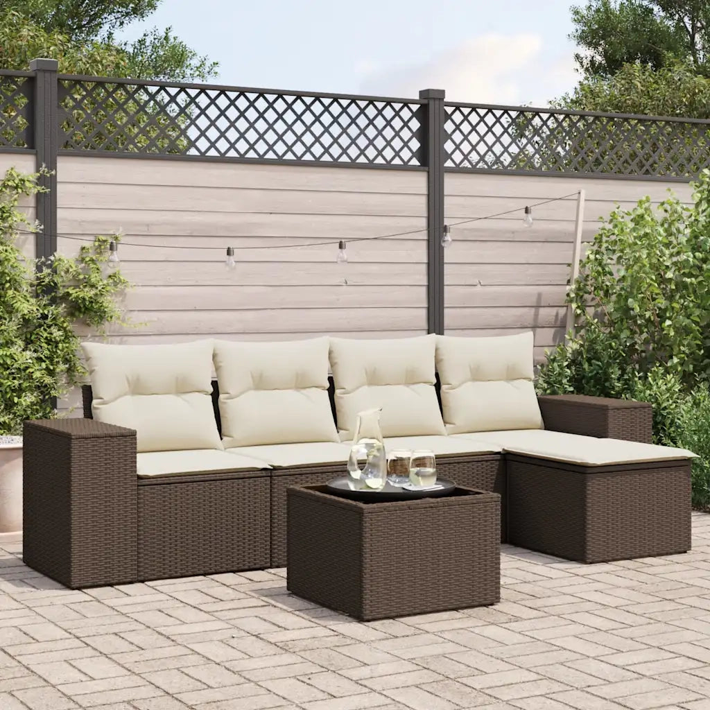 Set Divano da Giardino 6 pz | Set Salotto da Giardino con Cuscini Marrone in Polyrattan