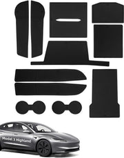 Matten Antislip per Tesla Model 3 Highland 2024-2025, 11 pezzi di gomma per console centrale, cassetto portaoggetti, becheriera, vano portaoggetti integrato, vano sostegno braccio, nero