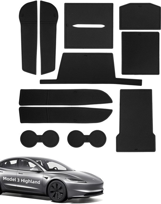 Matten Antislip per Tesla Model 3 Highland 2024-2025, 11 pezzi di gomma per console centrale, cassetto portaoggetti, becheriera, vano portaoggetti integrato, vano sostegno braccio, nero