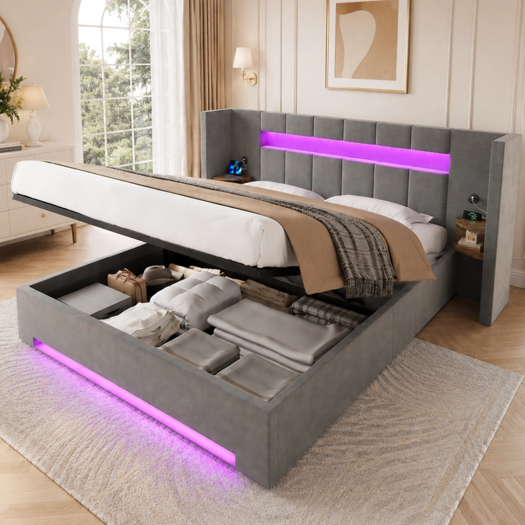 LETTO Contenitore 160x200 cm in velluto grigio scuro con USB e LED