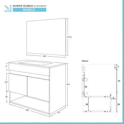 Mobile bagno sospeso 80 cm 2 ante serie Oasi rovere con specchio e lavabo