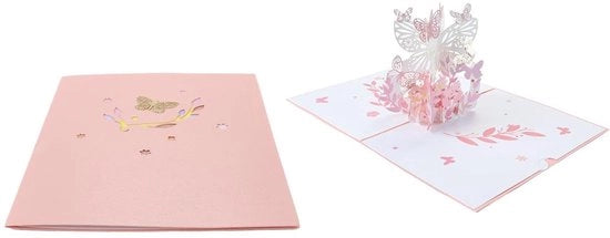 Carta pop-up con fiori farfalla - 3D carta - Carta di compleanno - Set di regalo con involucro - Rosa - 15,5 x 13 cm