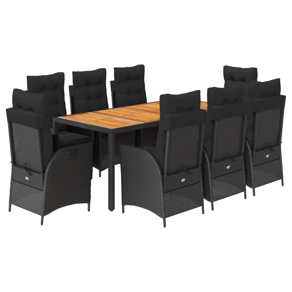Set da Pranzo da Giardino 9 pz con Cuscini Nero in Polyrattan 3213101