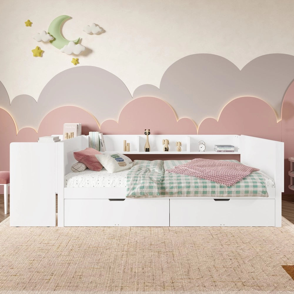 Letto Singolo con Scrivania e Cassetti ¨C MINIMAL ¨C Pino e Multistrato, Bianco, 90x200