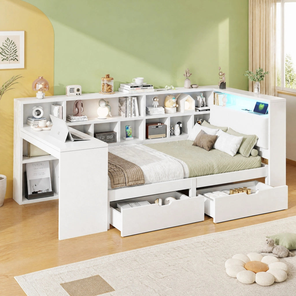 LETTO L-forma 90x200 cm Bianco con scrivania integrata e libreria