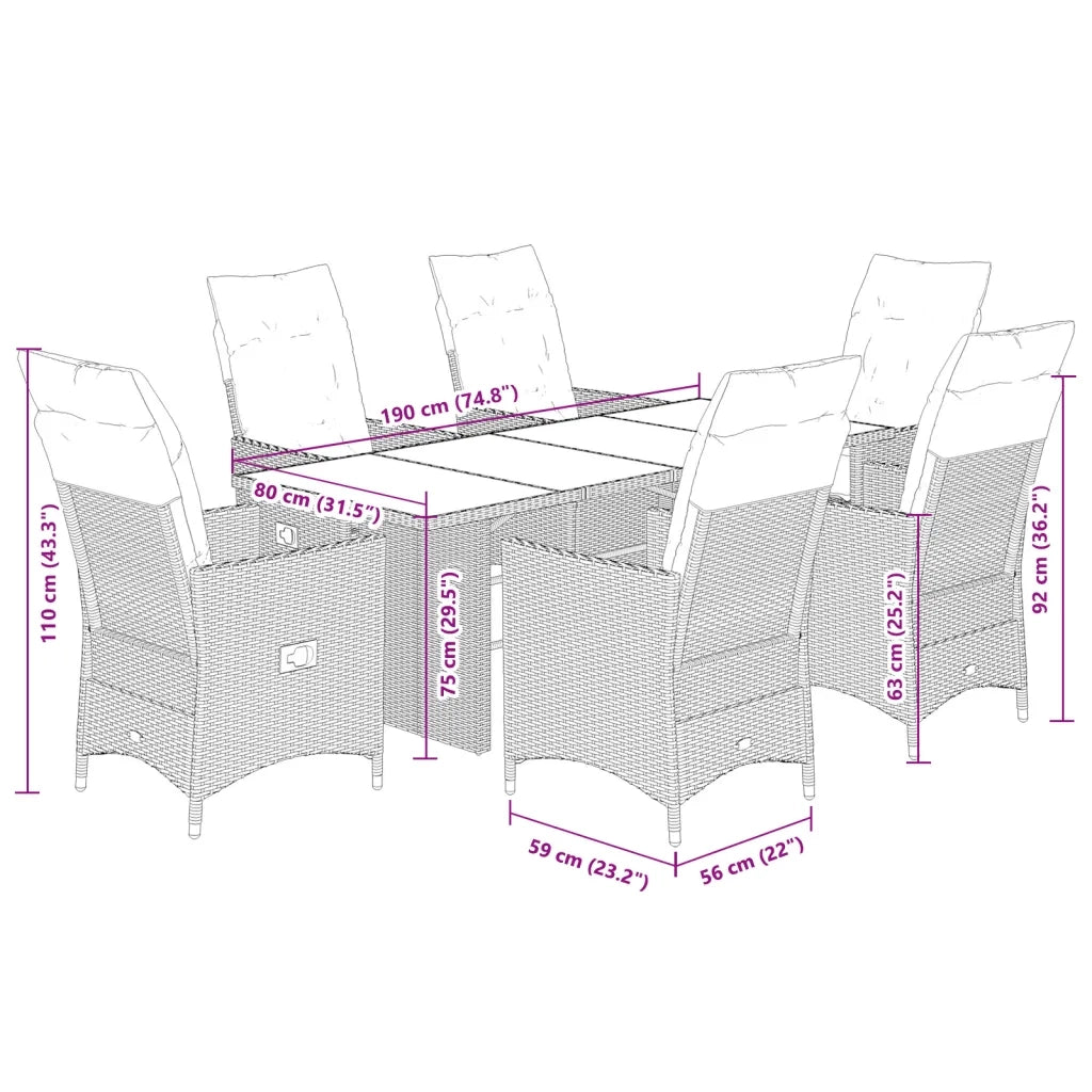 Set da Pranzo da Giardino 7 pz Nero con Cuscini in Polyrattan 3276700