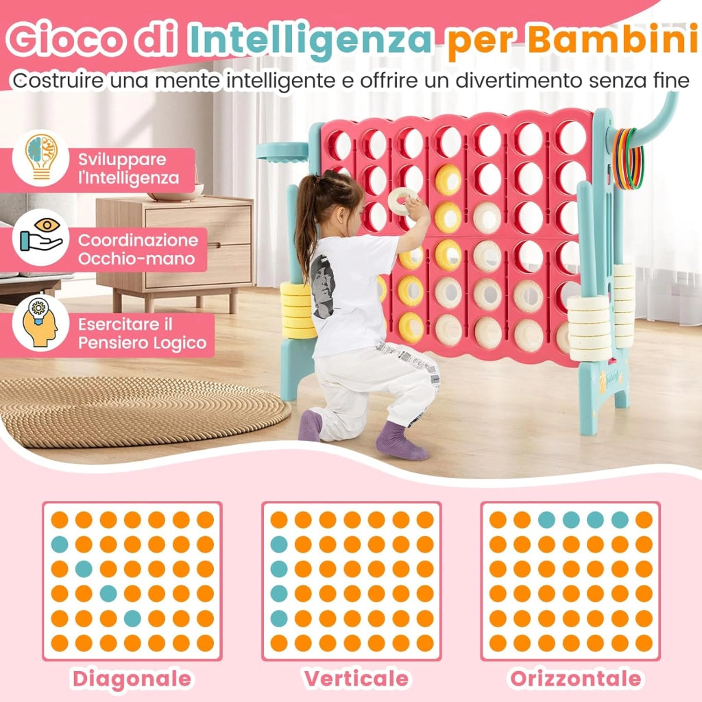 Forza 4 Gigante, Set di Gioco Forza Quattro con Canestro da Basket e Anelli da Lancio, 42 Gettoni, Giochi da Interno ed Esterno per Bambini e Adulti (Rosso e verde)