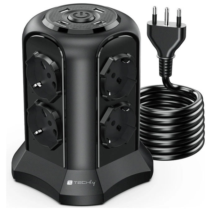 Techly IUPS-PCP-TOWER02 Multipresa a Torretta Salvaspazio 8 Posti Italiana Schuko 2 USB-A 2 USB-C 4000W 16A colore Nero