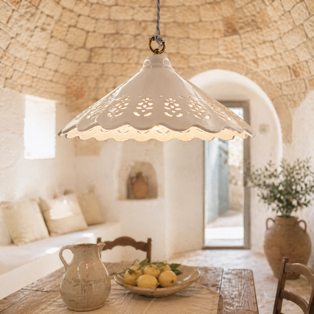 VOLTERRA Lampadario a Sospensione Ø40 in Ceramica Bianca Traforata